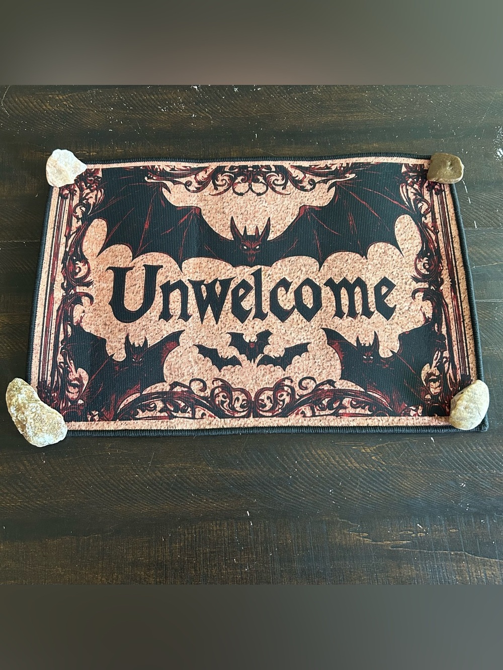 Unwelcome Gothic Bat Doormat - Black and Tan